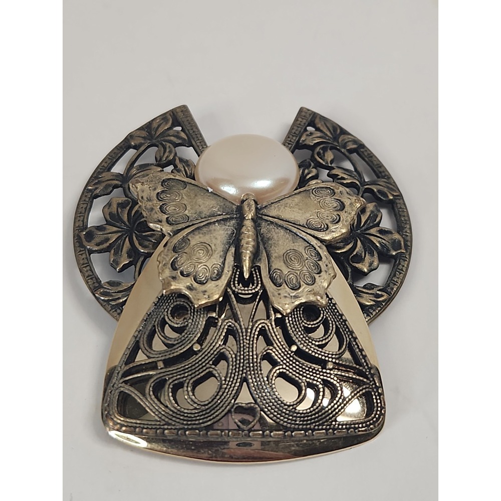 Vtg 90s Jane Davis 1996 AOL Angel Brooch Pin Faux Pearl Butterfly Filigree 2.75"